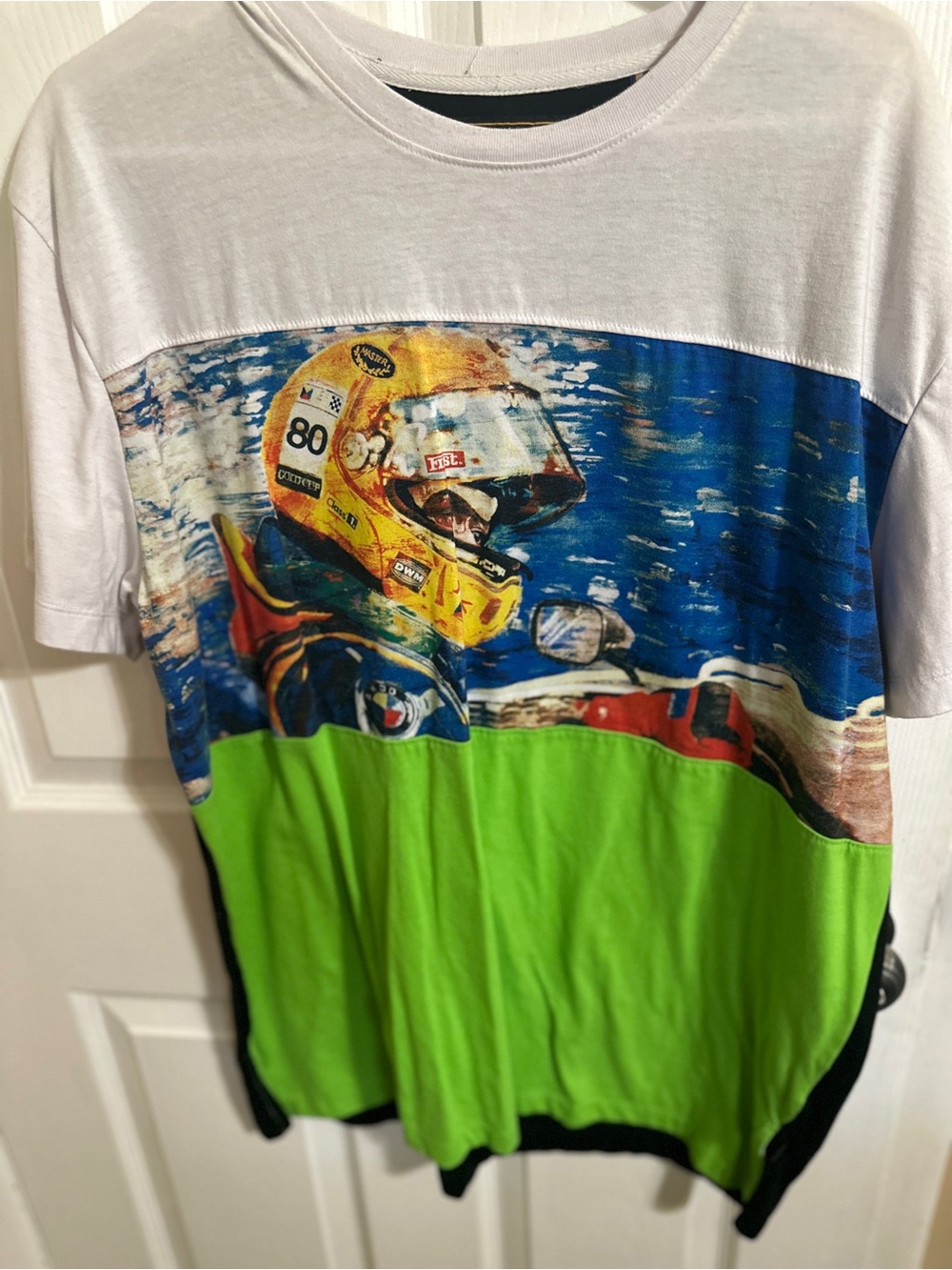 Akoo White T-Shirt with Blue Racing Graphic and Bright Green Panel